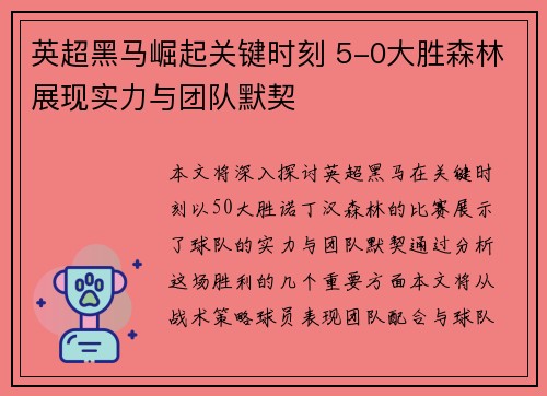 英超黑马崛起关键时刻 5-0大胜森林展现实力与团队默契