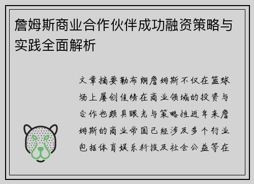 詹姆斯商业合作伙伴成功融资策略与实践全面解析 詹姆斯商业合作伙伴成功融资策略与实践全面解析