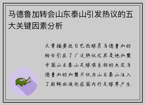 马德鲁加转会山东泰山引发热议的五大关键因素分析 马德鲁加转会山东泰山引发热议的五大关键因素分析