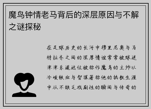魔鸟钟情老马背后的深层原因与不解之谜探秘
